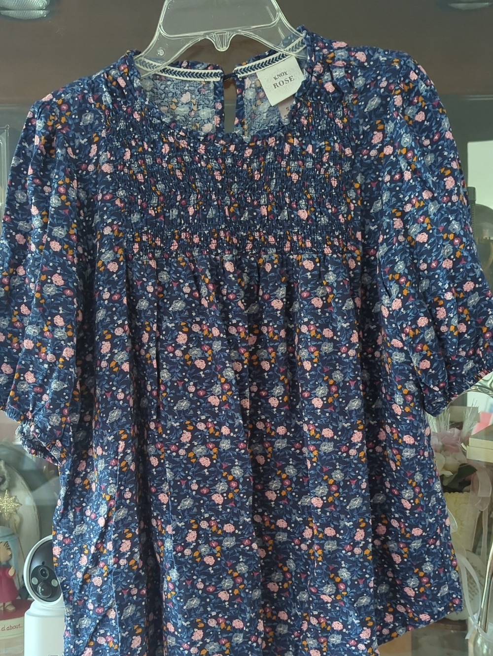 Knox Rose Navy Floral Smocked Short Sleeve Top